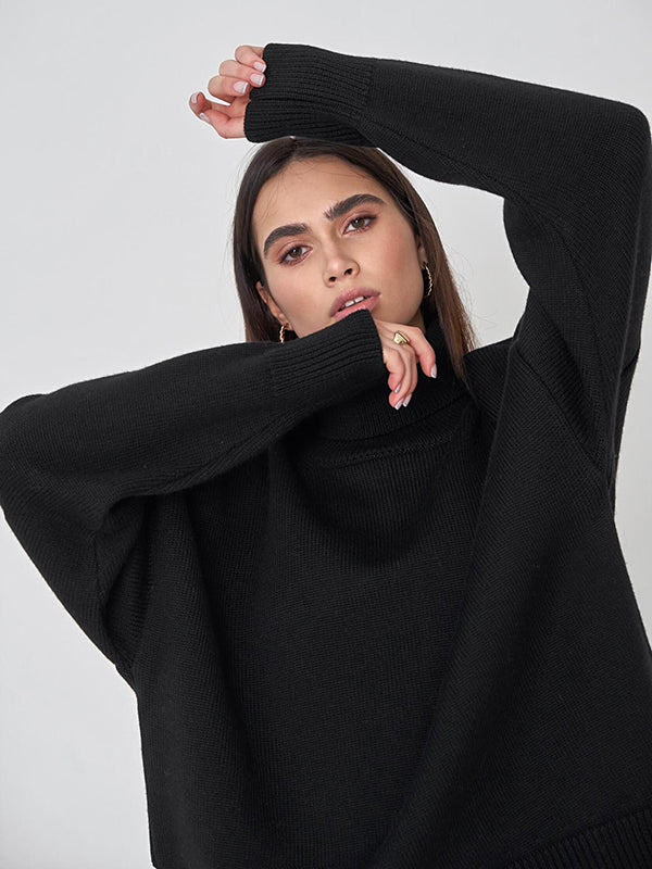 Casual Long Sleeves Loose Solid Color High-Neck Sweater Tops
