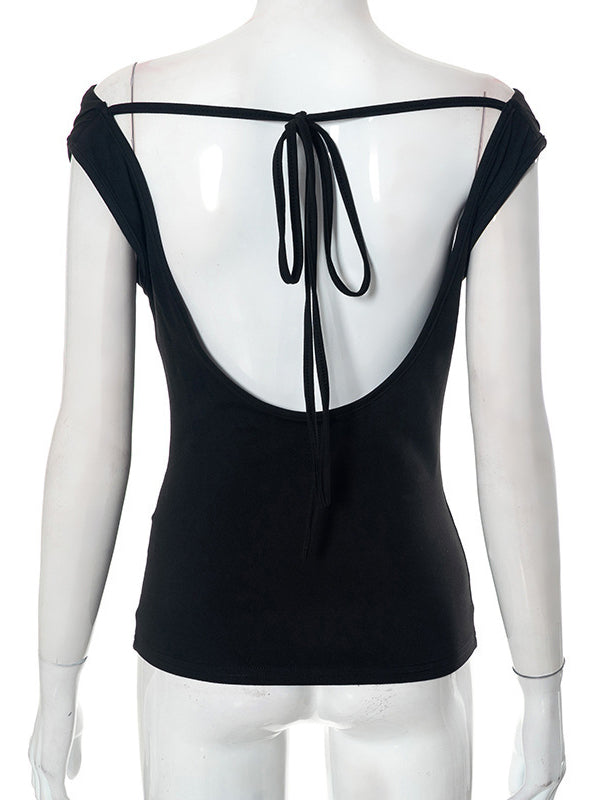 Backless Lace-Up See-Through Solid Color Split-Joint Loose Skinny Off-The-Shoulder T-Shirts Tops