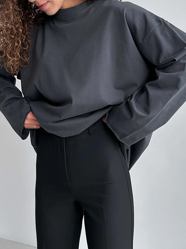 Solid Color Long Sleeves Loose Round-Neck T-Shirts Tops