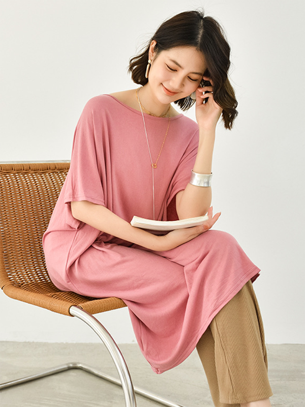 Casual Batwing Half Sleeves Solid Color Round-Neck Midi Dresses