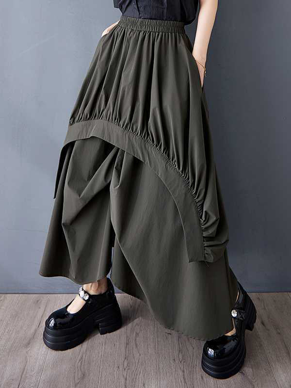 Asymmetric Elasticity Pleated Pockets Solid Color A-Line Loose Skirts Bottoms
