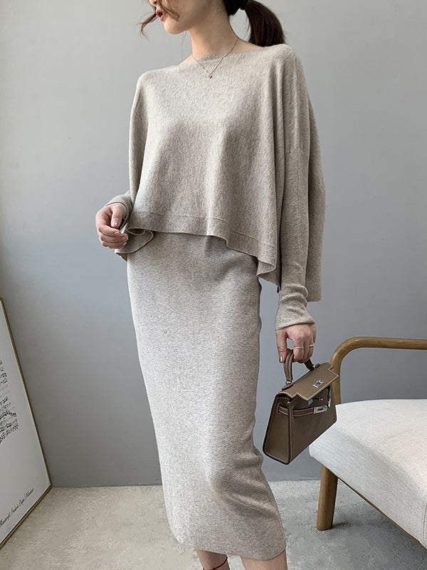 Solid Color Batwing Sleeves High-Low Boat Neck Sweater Pullovers Knitwear