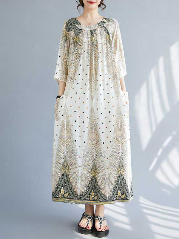 Pleated Pockets Polka-Dot Printed Half Sleeves High Waisted Round-Neck Midi Dresses