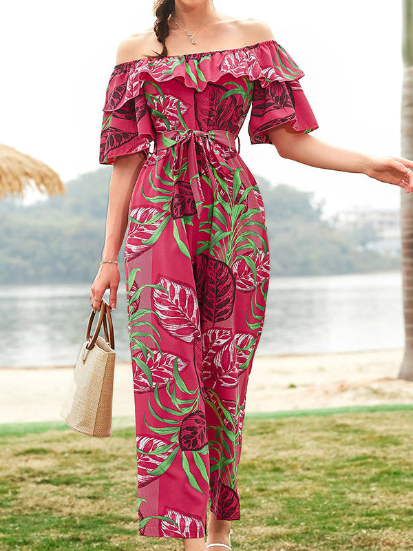 Elasticity Leaves Print Ruffled Tied Waist Half Sleeves Loose Off-The-Shoulder Jumpsuits