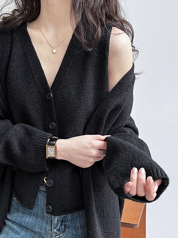 Buttoned Solid Color Long Sleeves Loose V-Neck Knit Vest + Cardigan Two Pieces Set