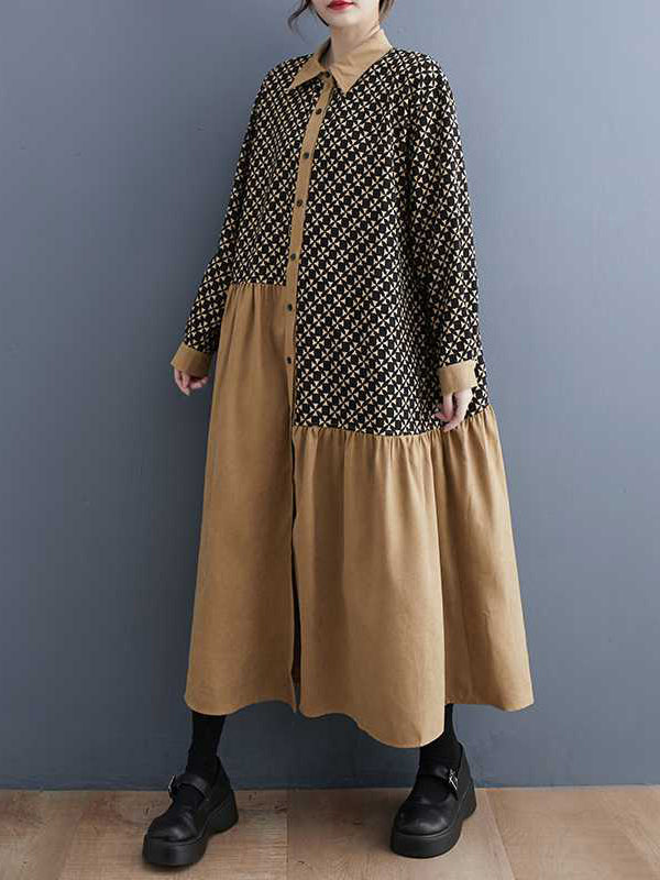 Asymmetric Buttoned Pleated Printed Split-Joint A-Line Long Sleeves Lapel Midi Dresses