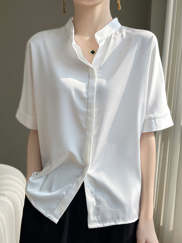 Buttoned Solid Color Loose Short Sleeves Stand Collar Blouses&Shirts Tops