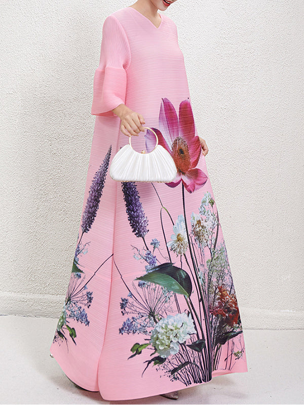 Flower Print Pleated A-Line Flared Sleeves V-Neck Maxi Dresses