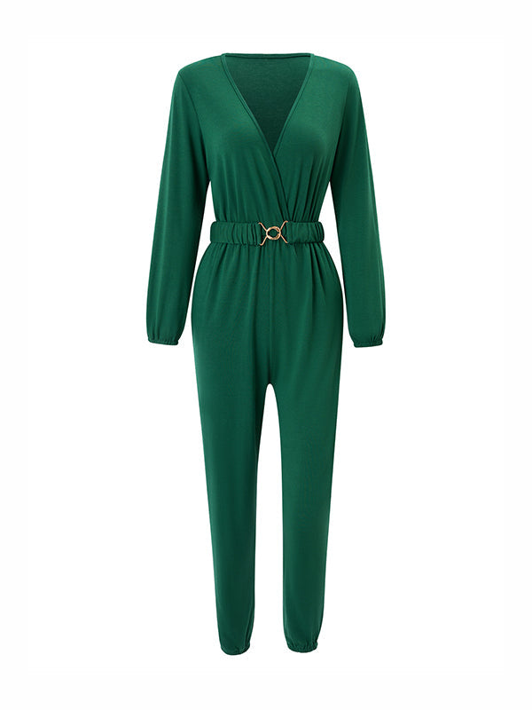 Belted Elasticity Long Sleeves V-neck Jumpsuits