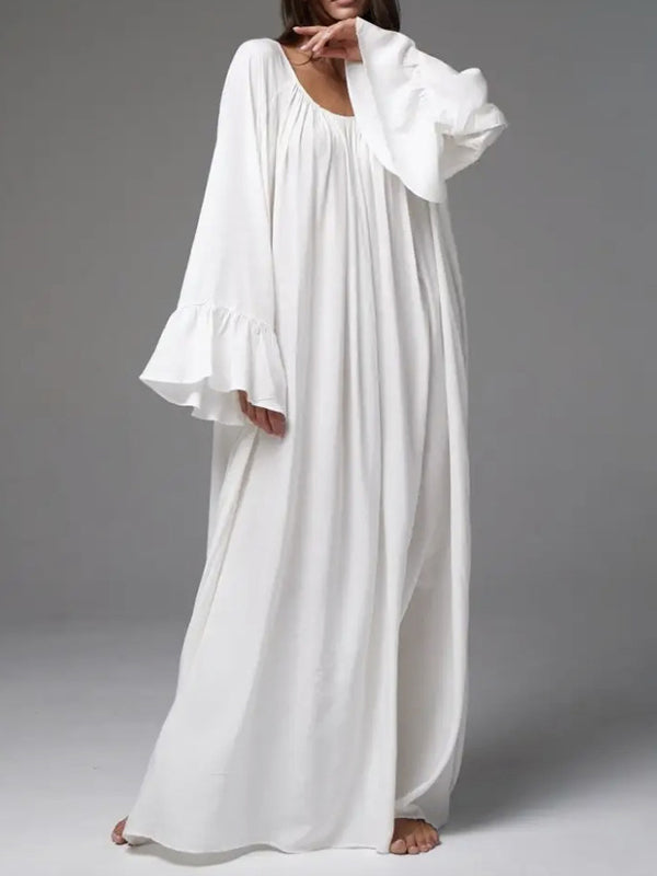 Pleated Solid Color Split-Joint A-Line Flared Sleeves Round-Neck Maxi Dresses