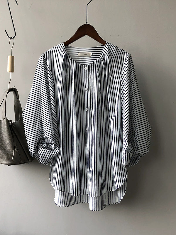 Trendy Tops Three-Quarter Sleeves Batwing Sleeves Striped Round-Neck Blouses