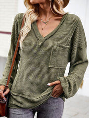 Elasticity Pockets Solid Color Split-Joint Long Sleeves Loose V-Neck T-Shirts Tops