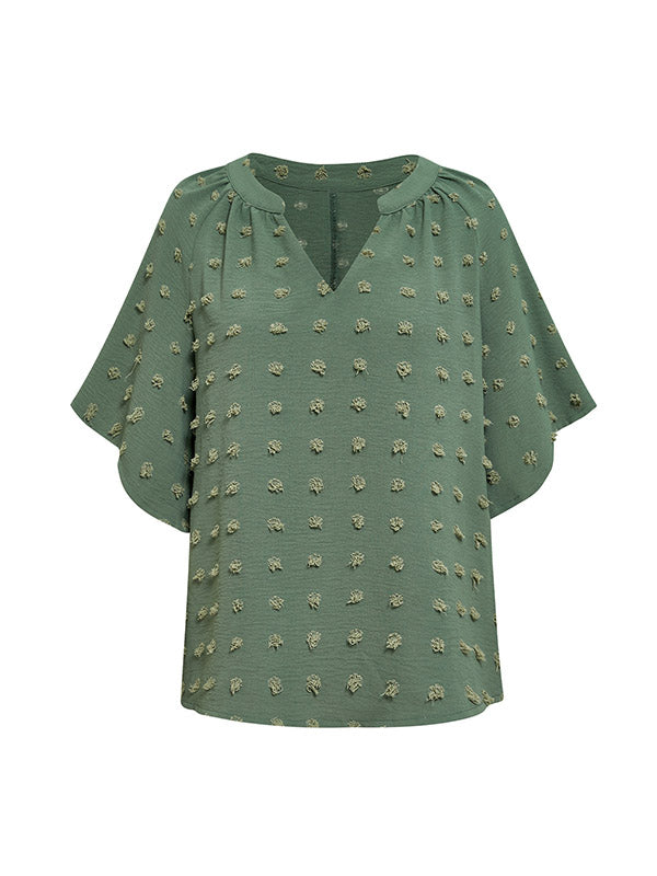 Jacquard Solid Color Half Sleeves Loose V-Neck T-Shirts Tops