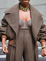 Long Sleeves Pleated Solid Color Notched Collar Outerwear Top + Pants Bottom Two Pieces Set