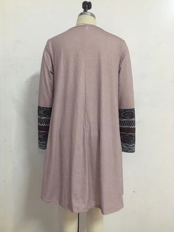 Casual Long Sleeves Striped Contrast Color Printed Round-Neck Mini Dresses