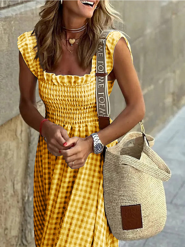 Elasticity Plaid Pleated Split-Joint Loose Sleeveless Square-Neck Maxi Dresses