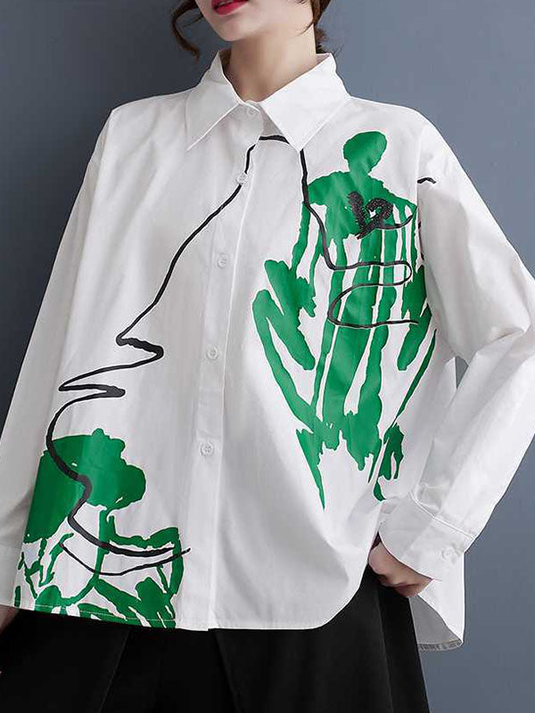 Buttoned Printed High-Low Long Sleeves Lapel Blouses&Shirts Tops