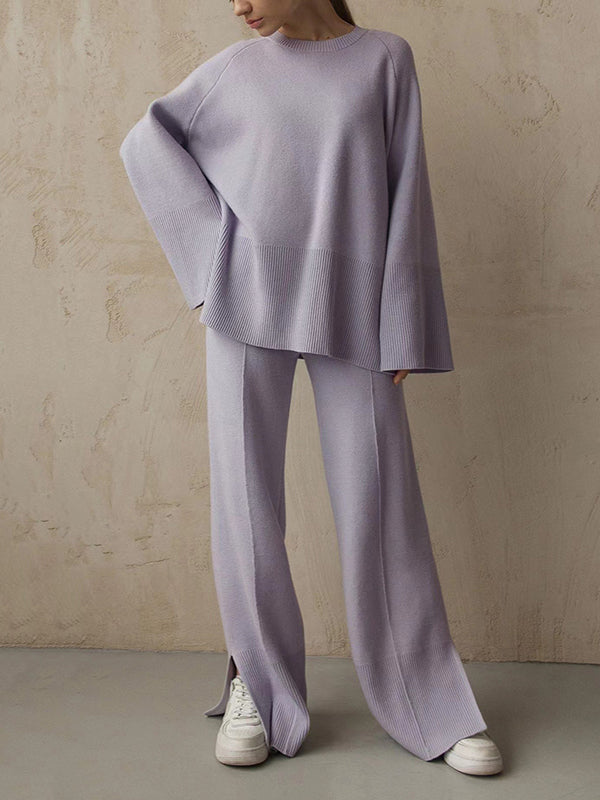 Casual Long Sleeves Loose Solid Color Round-Neck Sweater Tops & Wide Leg Pants Two Pieces Set