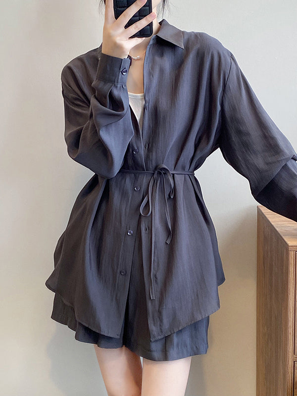 Loose Solid Color Long Sleeves Blouse + Pleated Shorts Two Pieces Set