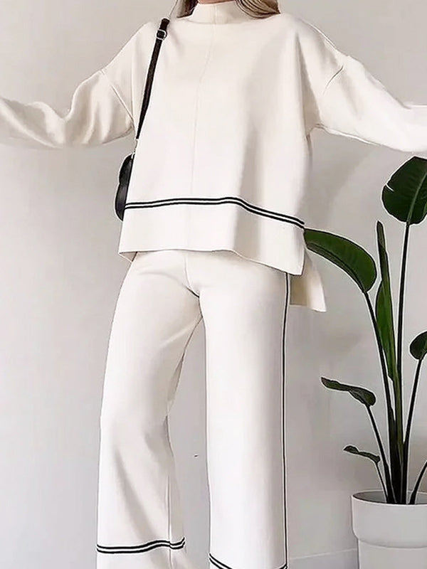 Contrast Color Split-Side High-Low Round-Neck Sweater Top + High Waisted Pants Bottom Two Pieces Set