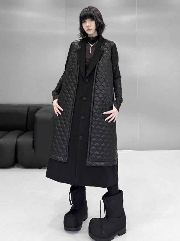 Buttoned Plaid Pockets Solid Color Split-Joint Loose Sleeveless Notched Collar Padded Vest Outerwear