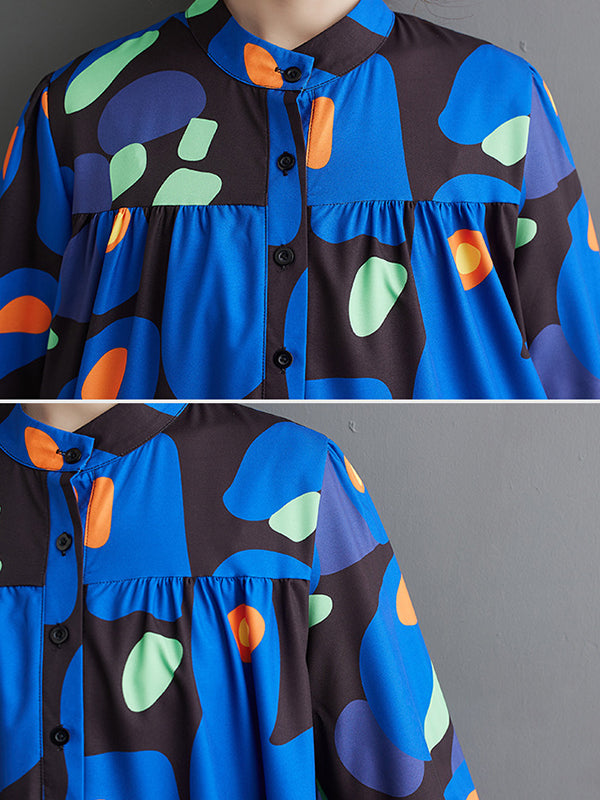 Pleated Printed Split-Joint Long Sleeves Loose Stand Collar Midi Dresses