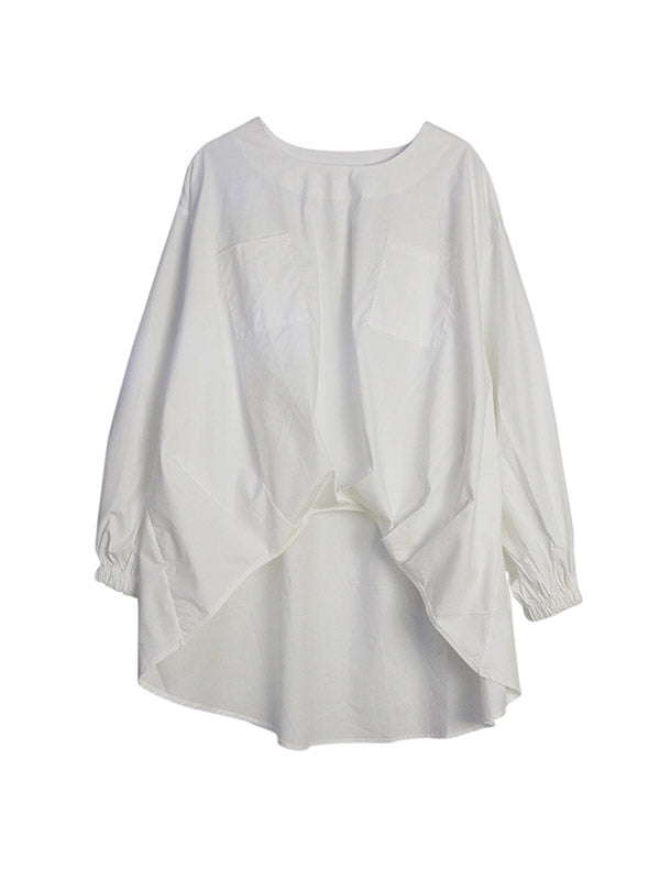 Pleated Solid Color Split-Joint High-Low Long Sleeves Round-Neck Blouses