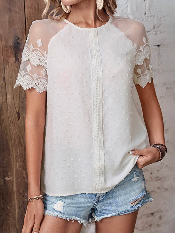 See-Through Lace Split-Joint Loose Short Sleeves Round-Neck T-Shirts Tops