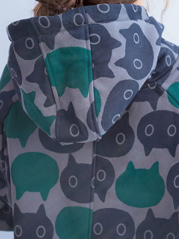 Animal Printed Quilted Split-back Velvet A-line High-low Hooded Sweatershirt Midi Dresses