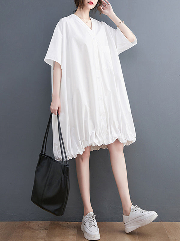 Elasticity Solid Color Half Sleeves Loose V-Neck Mini Dresses