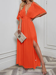 Solid Color Split-front Batwing Sleeves Loose Deep V-Neck Maxi Dresses