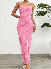 Ruffle Trim Solid Color Split-Back Split-Joint Bodycon High Waisted Tube Maxi Dresses