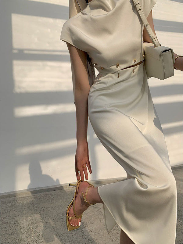 Detachable Hollow Split-Joint A-Line High Waisted Mock Neck Midi Dresses