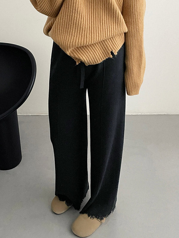 Fringed Pleated Solid Color Split-Joint Tied Waist High Waisted Loose Trousers Pants
