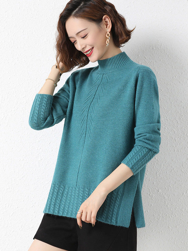 Loose Split-Side Solid Color Half Turtleneck Sweater Tops