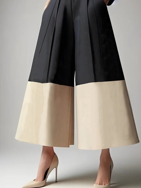 Contrast Color No Belt Pleated Pockets High Waisted Loose Trousers Pants