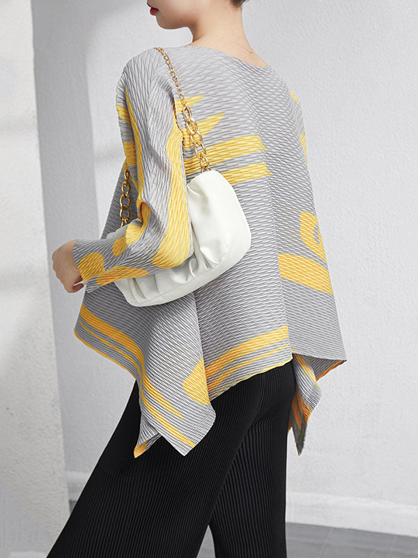 Casual Irregularity Loose Printed Pleated Round-Neck T-Shirts Tops