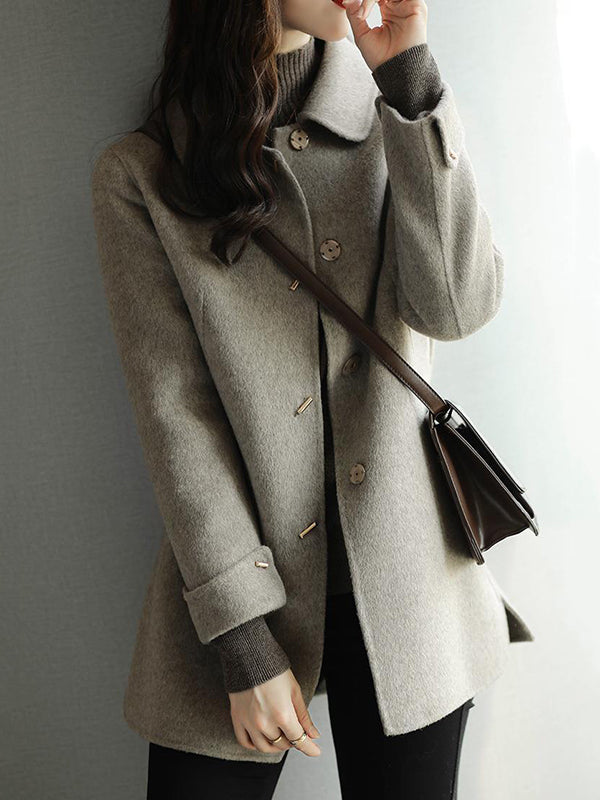 Buttoned Pockets Solid Color Long Sleeves Loose Lapel Woolen Coat