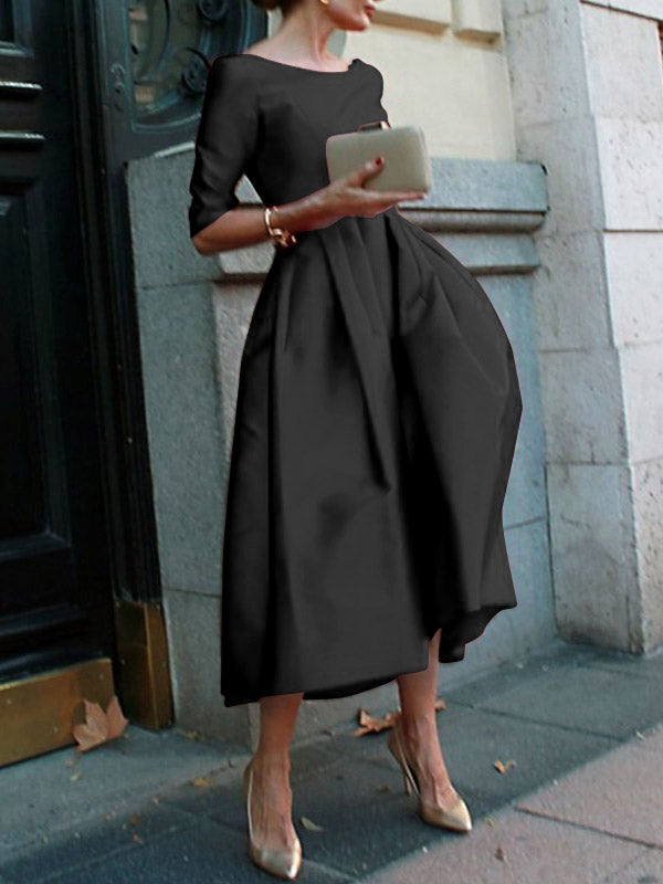 Pleated Pockets Solid Color Split-Joint A-Line Loose Round-Neck Midi Dresses