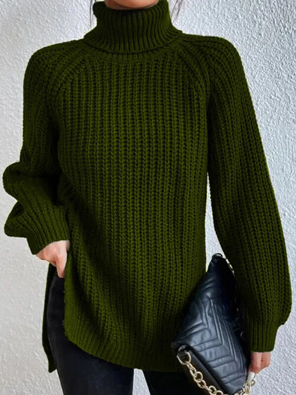 Solid Color Split-side Long Sleeves Loose High Neck Sweater Tops Pullovers