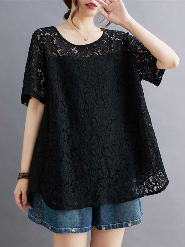 Hollow Solid Color Split-Back Split-Joint Loose Plus Size Round-Neck T-Shirts Tops