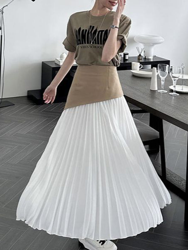 Contrast Color Pleated Split-Joint A-Line Loose Skirts Bottoms