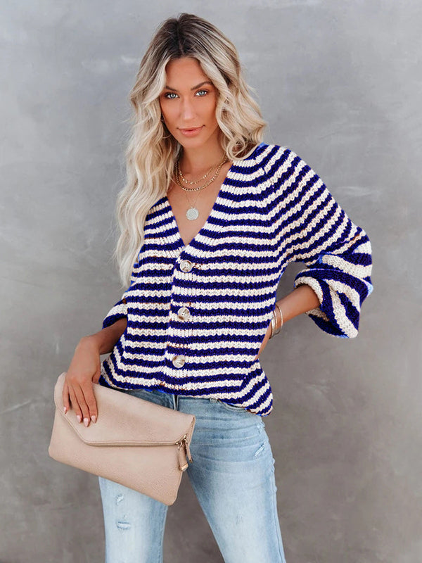 Casual Loose Long Sleeves Striped V-Neck Cardigan Tops