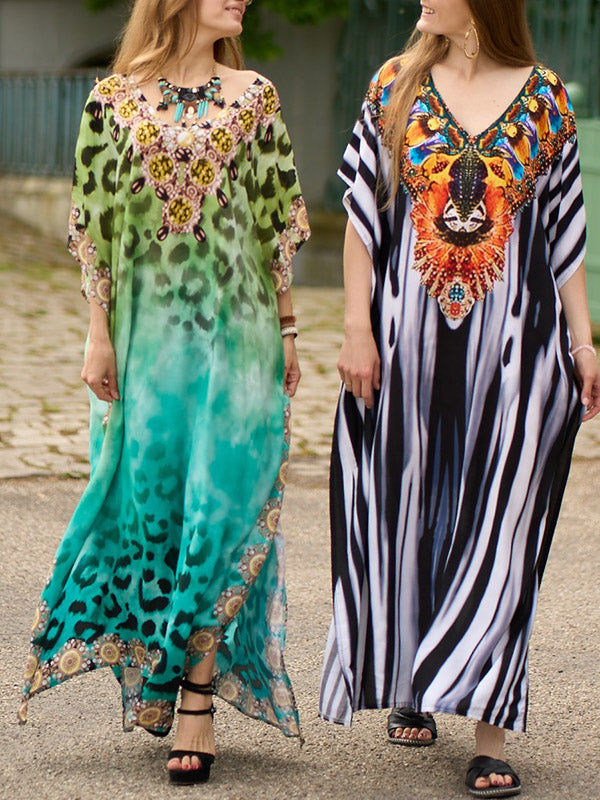 Printed Split-side Striped Batwing Sleeves Loose V-neck Maxi Dresses Beach Cover-Up