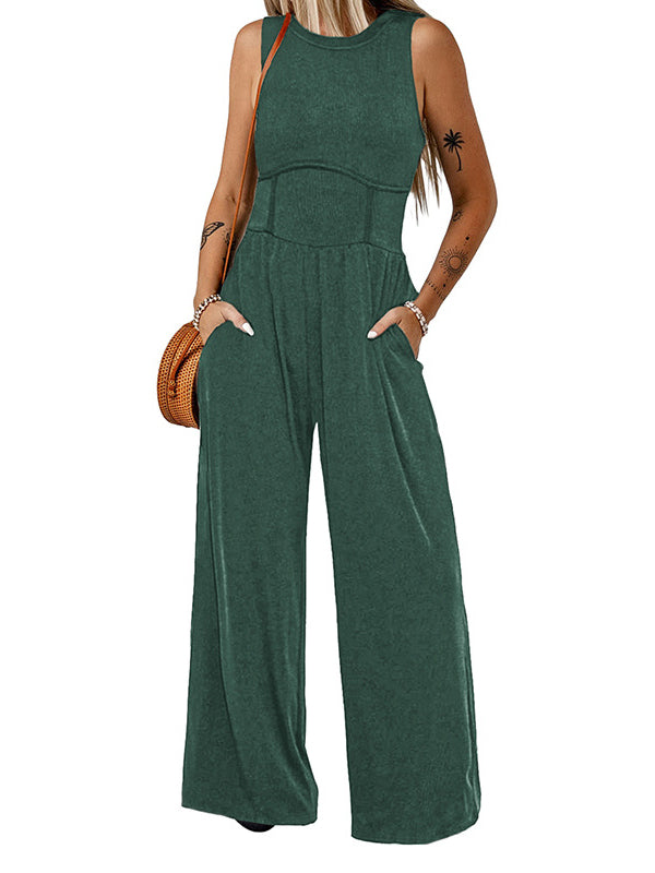 Pockets Solid Color High Waisted Loose Round-Neck Jumpsuits