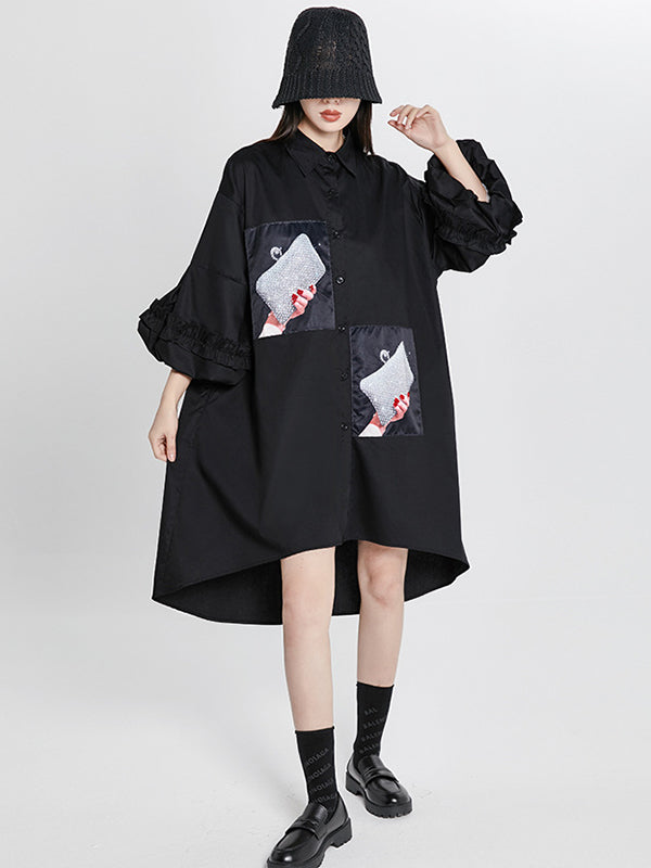 Loose High-Low Irregular Applique Shirt Dress Midi Dress
