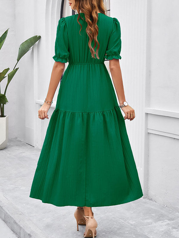 Elasticity Pleated Solid Color Split-Joint A-line High Waisted V-neck Midi Dresses