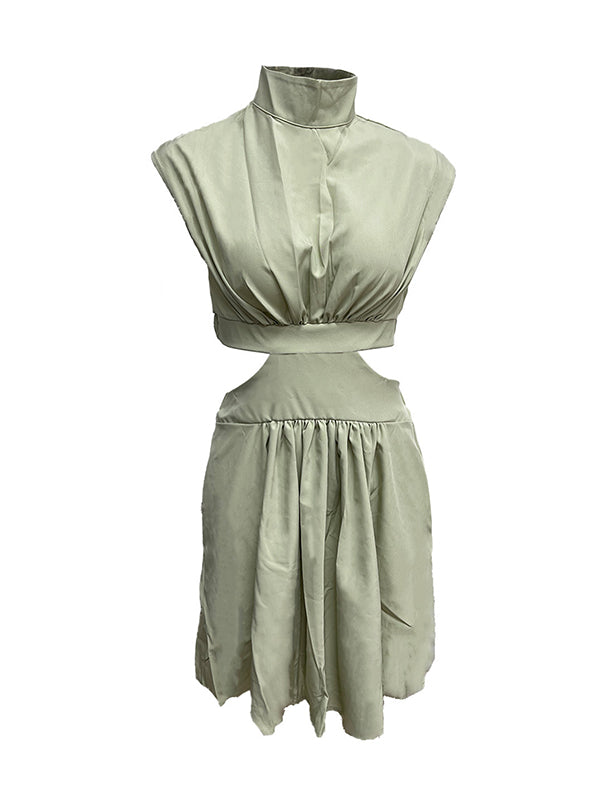 Belly-Hollow Pleated Solid Color Skinny Stand Collar Mini Dresses