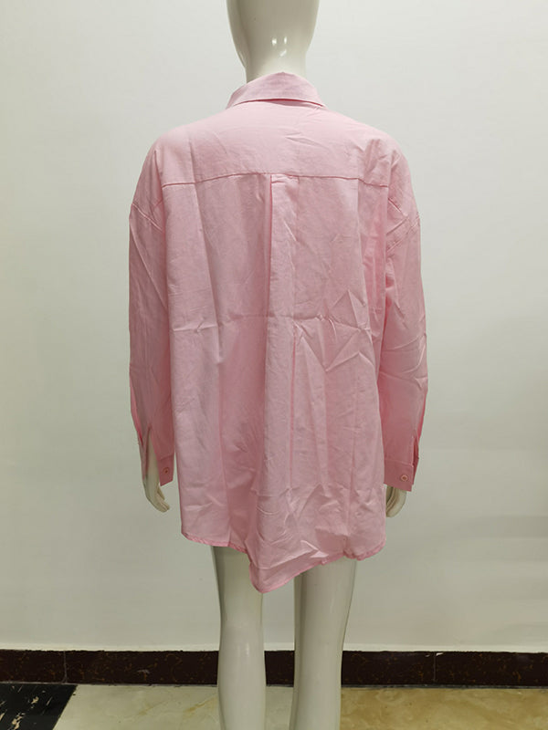 Buttoned Solid Color Long Sleeves Loose Lapel Blouses&Shirts Tops