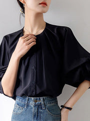 Buttoned Pleated Solid Color Half Sleeves Loose Round-Neck Blouses&Shirts Tops